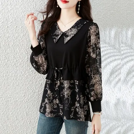 雪纺衫女2024春装新款娃娃领时尚别致洋气减龄女上衣大码显瘦小衫商品大图