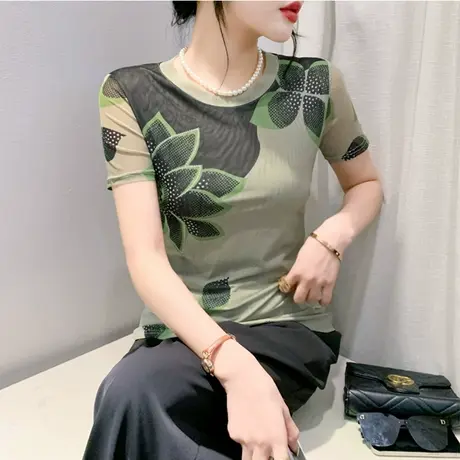 欧货女装性感网纱T恤女短袖印花上衣修身显瘦圆领减龄百搭打底衫商品大图