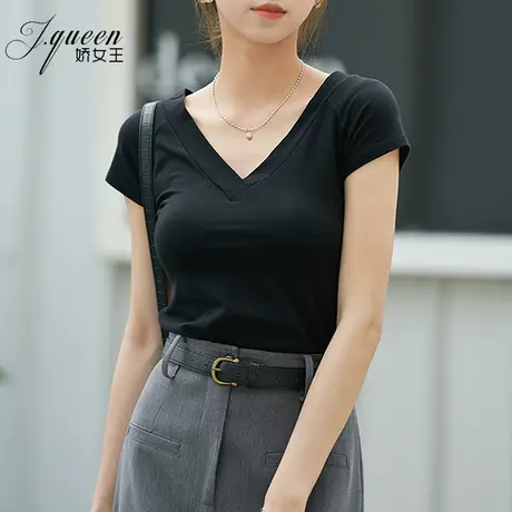 v领短袖t恤女2024夏季新款百搭修身显瘦小个子短款黑色体恤潮上衣商品大图