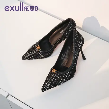 依思Q高跟鞋女细跟2024年春秋季新款性感百搭尖头拼色朋克女单鞋图片