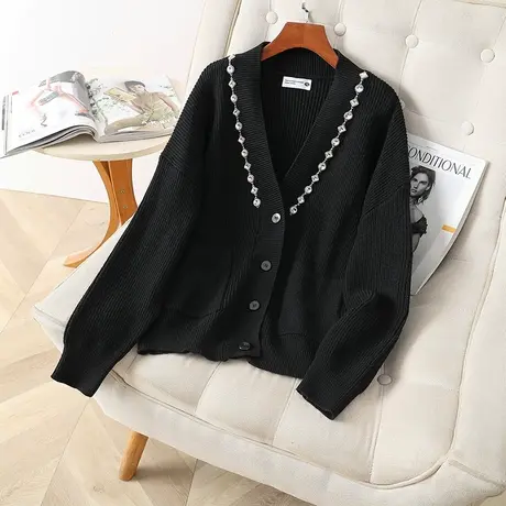 伊自尚2023年新款V领大码女装秋季气质显瘦微胖mm针织开衫上衣女商品大图