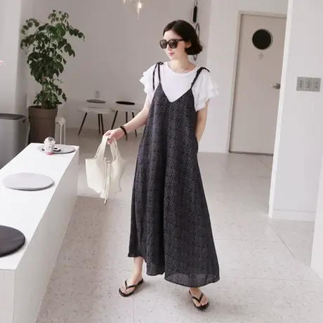 波点雪纺吊带九分裤18新款韩版阔腿连体裤裙休闲宽松大码背带裤女商品大图