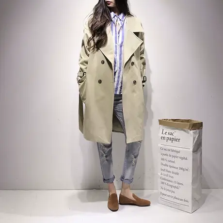 春款新款韩版女士中长款waitmore宽松双排扣卡其色风衣女外套F306图片