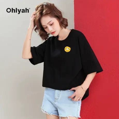 Ohlyah品牌 纯棉t恤女韩版宽松小猫可爱印花休闲简约半袖体恤学生商品大图