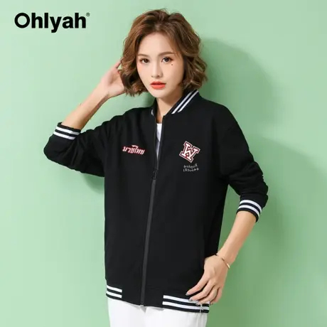 Ohlyah品牌 美式棒球服女ins潮宽松字母印花加绒卫衣情侣拉链外套商品大图
