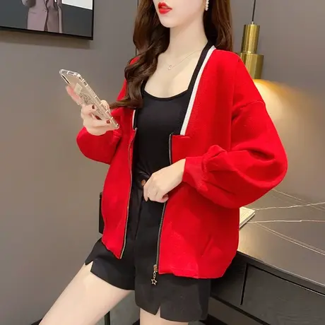 秋季外穿时尚V领毛衣开衫女装宽松慵懒风外搭韩版针织衫外套百搭图片