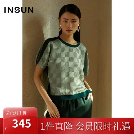 恩裳夏季时尚棋盘格宽松撞色螺纹休闲醋酸T恤女图片