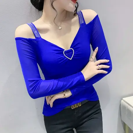 性感露肩一字领上衣女长袖欧货时尚网纱T恤春装修身洋气打底衫ins商品大图