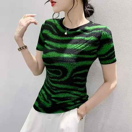 欧货拼色印花短袖T恤女时尚洋气斑马纹小衫设计感圆领网纱上衣夏商品大图