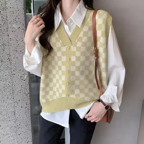 v领撞色棋盘格马甲背心女2023秋装新款叠穿洋气百搭外穿马夹上衣图片