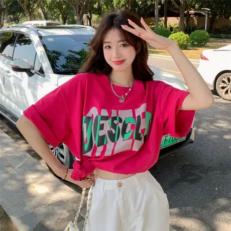 日系复古短袖t恤女装2023年夏季新款字母印花宽松大码纯棉上衣潮商品大图
