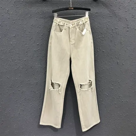 2023早秋新款破洞设计感宽松百搭牛仔直筒裤女高腰显瘦时尚阔腿裤图片