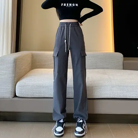 黑色工装裤女2023春秋新款高腰宽松显瘦阔腿裤小个子直筒运动裤潮商品大图