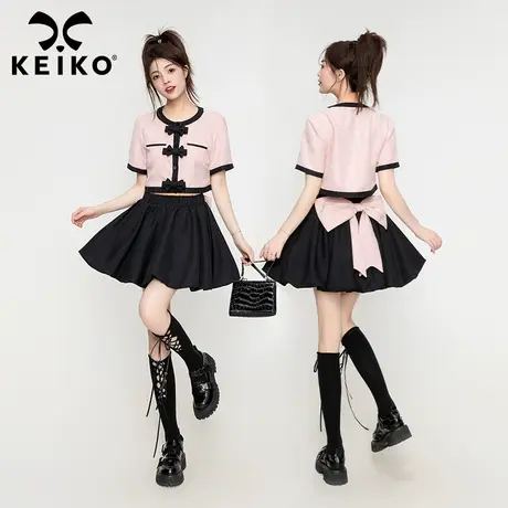 KEIKO 法式小香风粉色短袖上衣女23夏季小心机蝴蝶结别致短款衬衫商品大图
