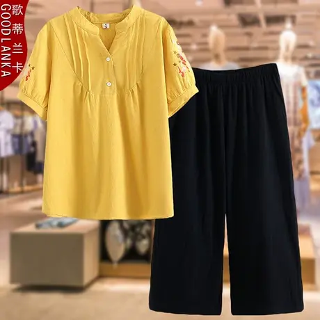 中年妈妈夏装短袖洋气套装中老年胖妈妈装时尚大码女七分裤两件套商品大图