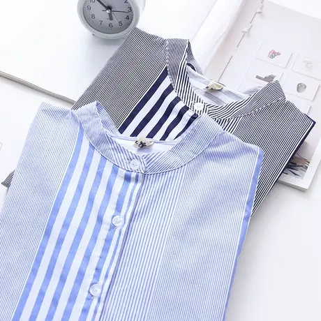 2019春装新款韩版小清新蓝白竖条纹衬衫女装长袖宽松百搭立领衬衣商品大图