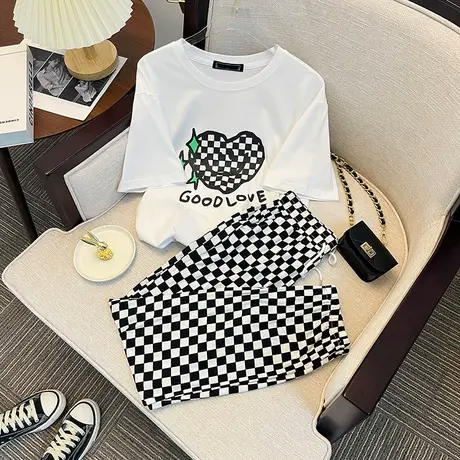 纯棉港风运动服套装女夏季薄款时尚洋气短袖长裤小个子休闲两件套商品大图