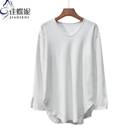 早春新款纯棉圆领宽松中长款开叉白色长袖体恤上衣女打底衫大版T商品大图