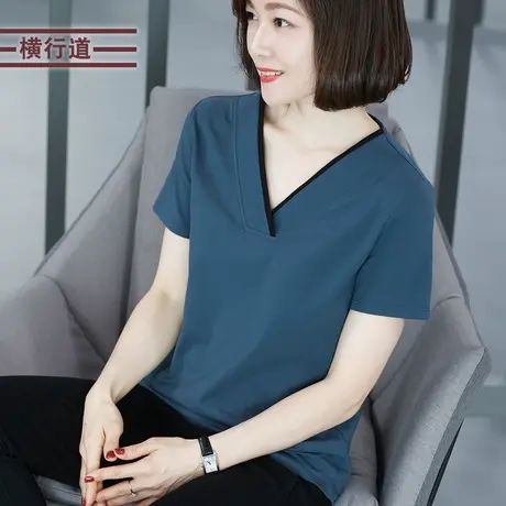 2023夏装新款宽松妈妈半袖体恤V领短袖撞色t恤女士上衣简约打底衫商品大图