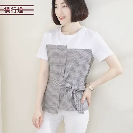 圆领拼接假两件收腰格子短袖2023新款夏装宽松洋气大码女上衣小衫商品大图