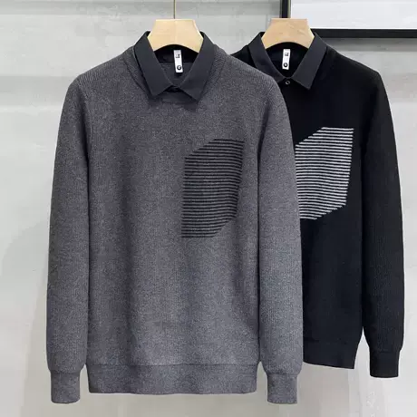 男装2023秋冬季新款衬衫领假两件毛衣衬衫领男士针织衫打底外套潮商品大图