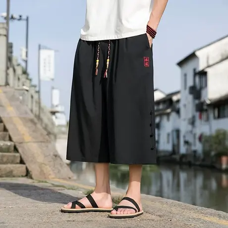 新中式中国风冰丝七分裤男加肥胖子暗黑系刺绣盘扣运动阔腿裤唐装商品大图