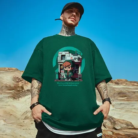 绿色短袖男款夏季潮牌潮流国潮oversize情侣ins潮百搭大码t恤半袖商品大图