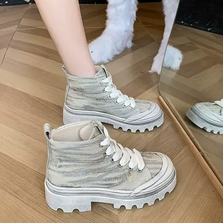 运动高帮休闲鞋女2023秋季新款松糕厚底帆布鞋系带网红超火马丁靴图片