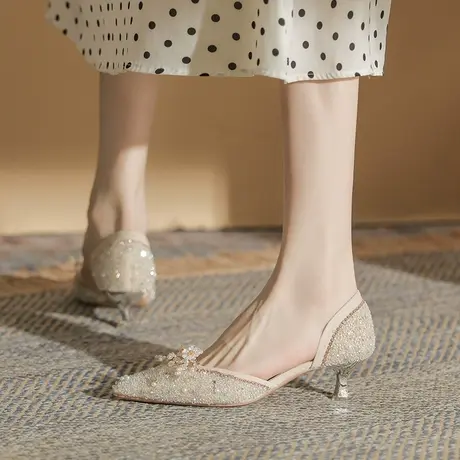 尖头水钻婚鞋女2023年春季新款性感细跟伴娘单鞋包头仙女风高跟鞋图片