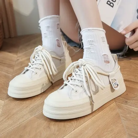 防水小白鞋女2023夏季新款厚底松糕帆布鞋小众个性百搭ins街拍潮商品大图