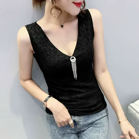 性感V领蕾丝吊带背心女外穿潮夏季内搭打底修身洋气上衣无袖T恤女图片