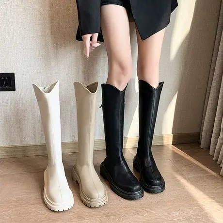 高筒骑士靴不过膝长筒靴女2023年新款秋冬V口瘦瘦小个子厚底长靴商品大图