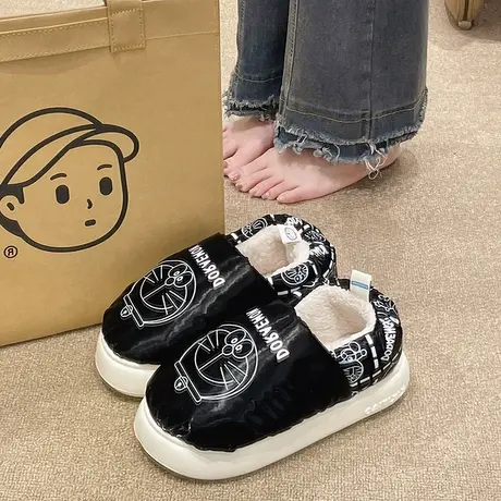 可爱叮当猫棉拖鞋女冬季情侣室内家居防水厚底包跟加绒保暖棉鞋男图片
