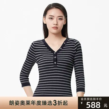 朗姿 秋季新款V领条纹毛针织衫线下商场同款商品大图