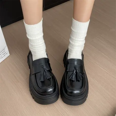 厚底百搭乐福鞋女2024年春秋季新款复古英伦小皮鞋一脚蹬粗跟单鞋图片