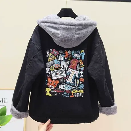牛仔加绒外套女秋冬季宽松韩版加厚棉服2023年新款羊羔绒ins棉衣商品大图