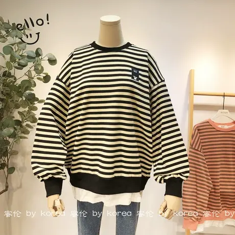 2020秋季新款韩国东大门ins潮毛圈棉条纹假两件套装休闲减龄大码商品大图