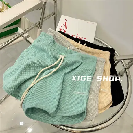 薄荷绿休闲短裤女夏纯色字母水晶标百搭华夫格运动热裤外穿显腿长商品大图