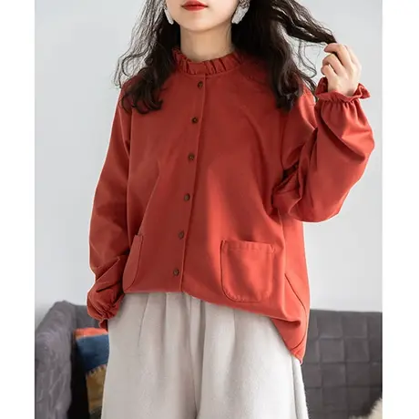 胖妹妹春装新款复古磨毛花朵领衬衫加大码收袖口小高领衬衣女商品大图