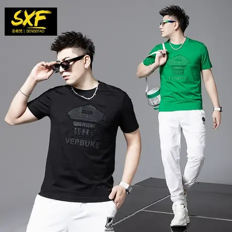 SXF圣希梵夏季男士短袖 2023新款潮牌立体刺绣烫钻修身圆领T恤男商品大图