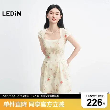 乐町晕染花卉法式梯形领连衣裙女2025年夏季新款短款碎花全棉裙子商品大图