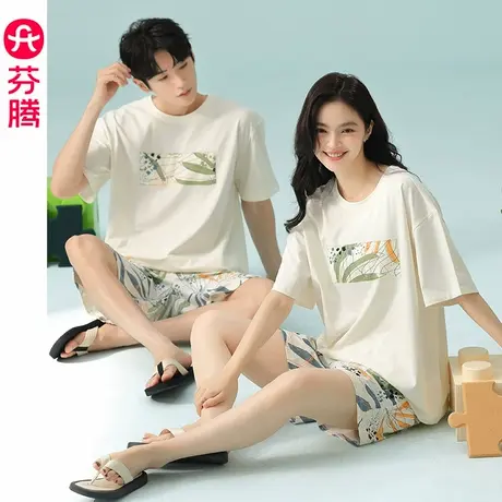 芬腾情侣纯棉睡衣女夏季薄款短袖短裤男款青年休闲大码家居服套装商品大图