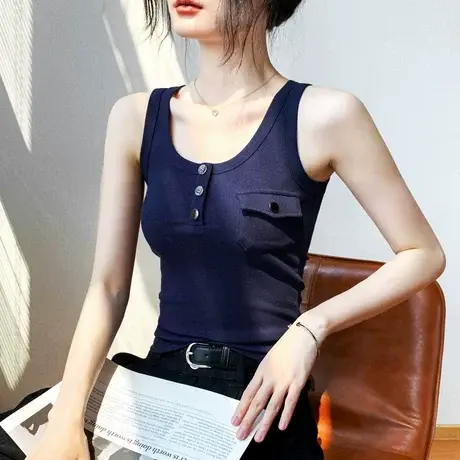 黑色纽扣吊带上衣女夏外穿2025新款修身显瘦辣妹衬衫内搭无袖上衣商品大图