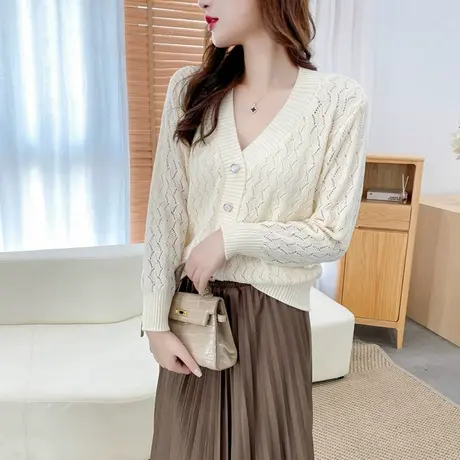 2023年春夏新款针织开衫女上衣女V领宽松百搭外穿镂空针织衫外搭图片