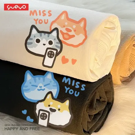 悦游 miss猫狗 2025夏季纯棉宽松情侣短袖T恤休闲原创潮流情侣装商品大图