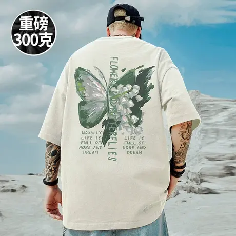 300g重磅美式蝴蝶夏季情侣短袖t恤大码男装圆领纯棉胖子半袖潮流商品大图