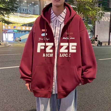 潮牌美式高街卫衣外套男秋冬季2023新款国潮连帽情侣宽松拉链开衫商品大图