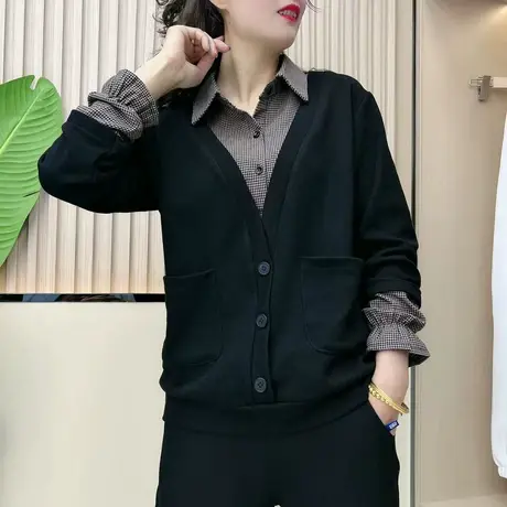 2023年春季新款假两件单排扣格子翻领卫衣女中年妈妈宽松套头上衣商品大图