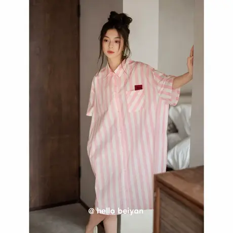 贝妍纯棉睡衣女夏季薄款短袖条纹睡裙甜美少女宽松大码衬衫连衣裙商品大图