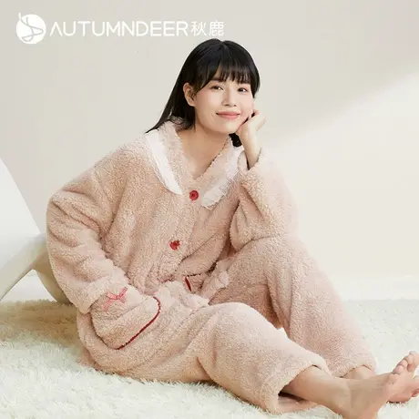 秋鹿长毛绒睡衣女秋冬毛绒甜美蕾丝花边拼接V领珊瑚绒女生家居服商品大图